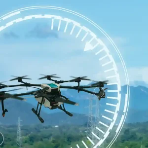 A tracking image of a drone flying against a cloudy blue sky and green mountains, surrounded by a graphic overlay featuring concentric circles marked at degree intervals with small lines.