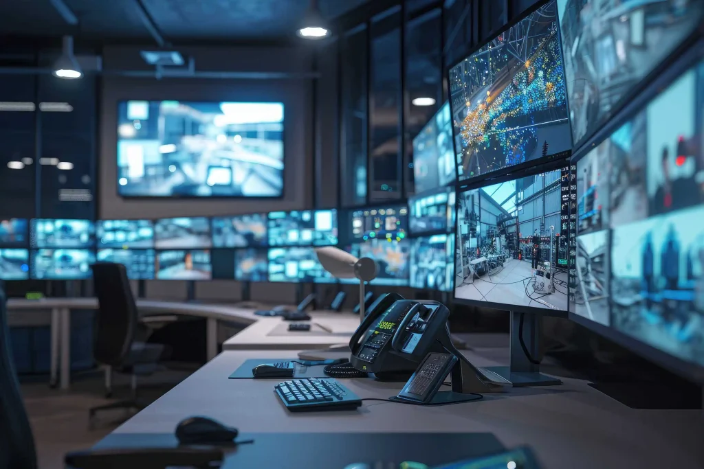 In an otherwise darkened room, a wall of video monitors showing images from security cameras cast blue light on a row of empty desks, on which sit phones, lamps, computer keyboards and computer mice.