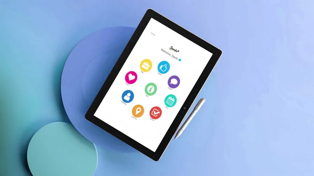 A tablet running Socrates 360 secure tablets software, with a tablet stylus beside it, against a graphic background featuring green and purple raised circles and colour gradients.